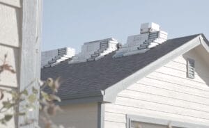 Roofing materials on a roof, ready for replacement.
