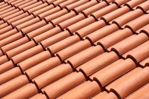 A closer look at clay tile roofing materials on a roof. 