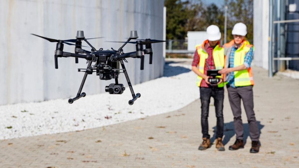 Drone flying over a large commercial flat roof for inspection.

