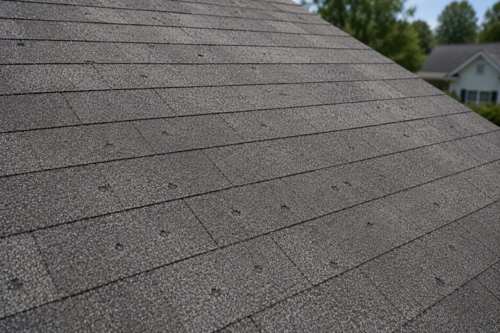 Close-up of a residential roof with hail damage on the architectural asphalt shingles