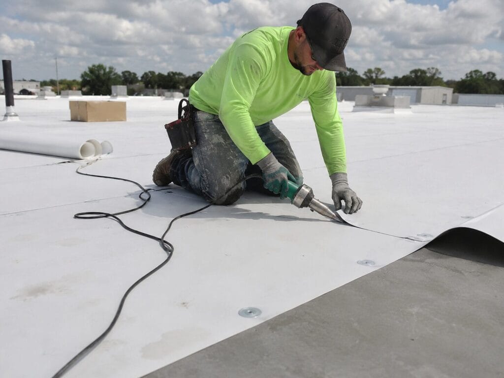 Roofer heat welds white TPO roofing membrane seams on a commercial flat roof. 