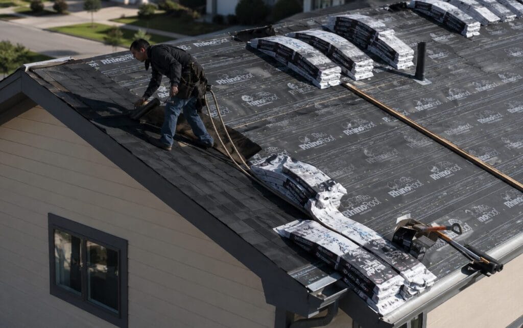 Roofer installing asphalt shingles on a residential roof.