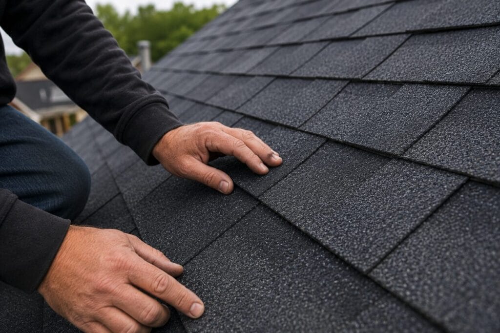 Up-close example of roofing squares on an asphalt shingle roof.