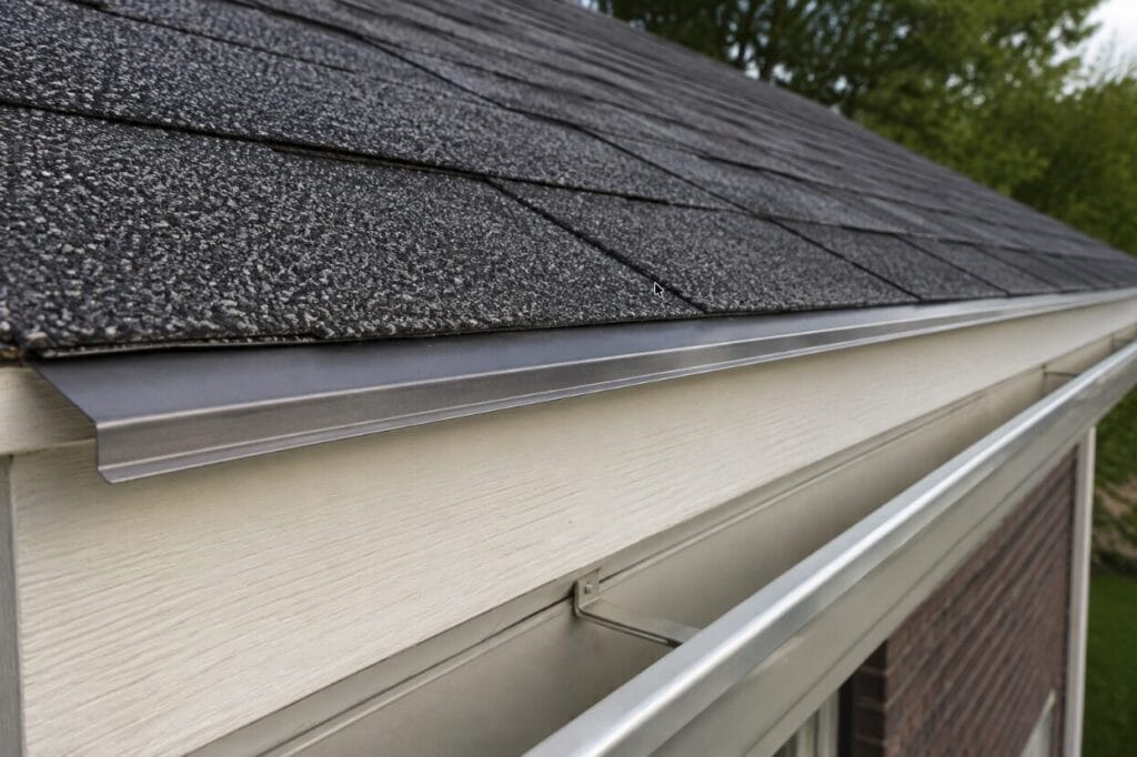 Close-up of a residential roof edge showing a metallic drip edge flashing.