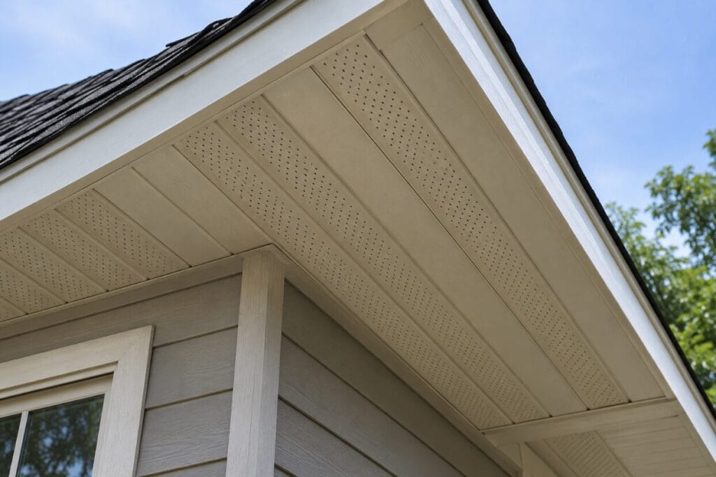 Close-up of a ventilated soffit beneath a residential roof.