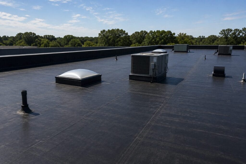 Flat commercial roof with EPDM membrane and rooftop HVAC equipment.