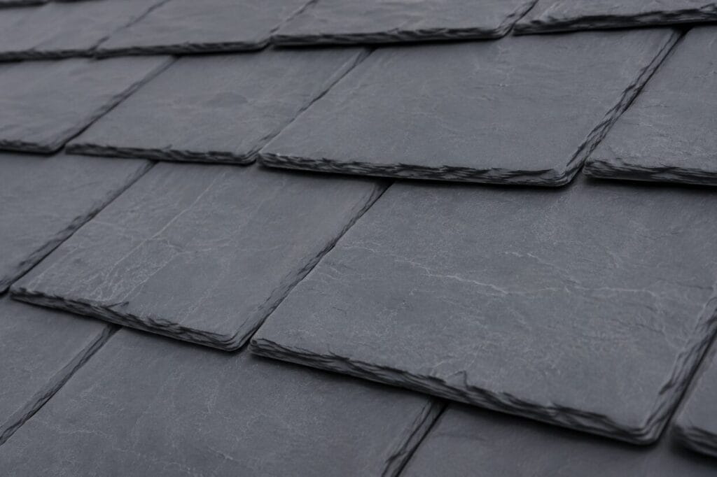 Close-up of synthetic slate roofing tiles. 