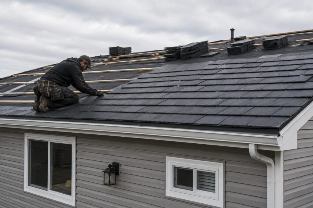 Roofer installing synthetic slate shingles on a residential roof. 
